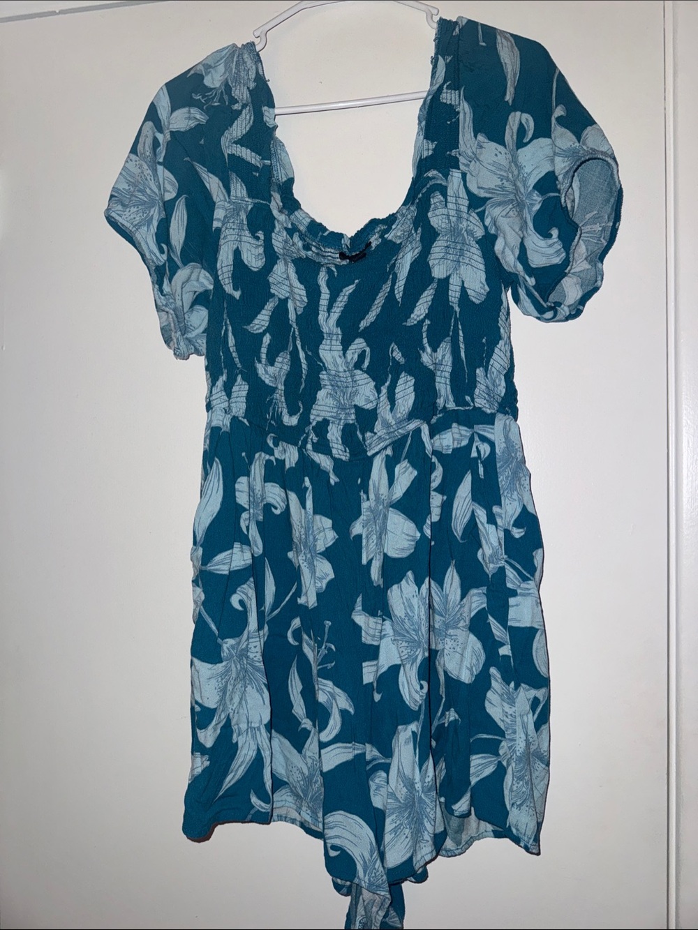 torrid Teal Floral Short Sleeve Romper with Light Blue Print
